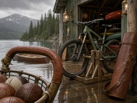 A mountain bike parked on a wet wooden dock by a rainy boathouse overlooking a misty lake and mountains.