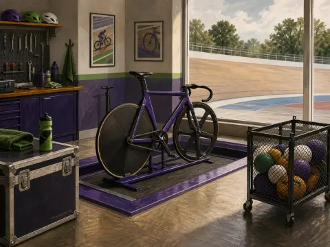 A purple track bicycle mounted on a stand inside a workshop looking out toward a banked velodrome track.