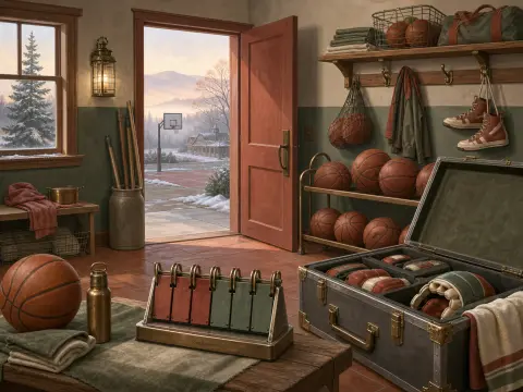 Vintage basketball equipment room with leather balls and an open trunk looking out toward a snowy outdoor court.