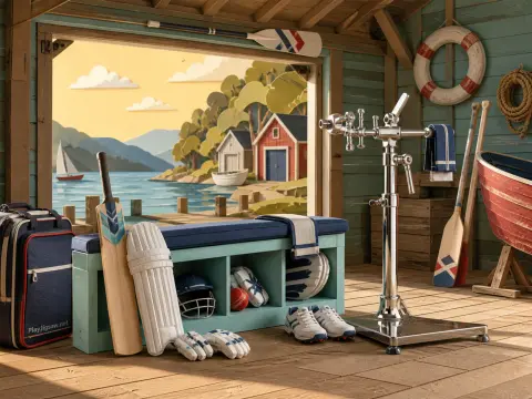 Cricket equipment rests on a bench inside a wooden boathouse looking out onto a sunny lake with a sailboat.