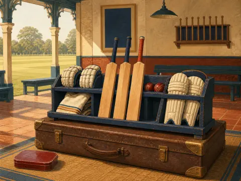 Cricket bats, leg pads, and balls arranged in a blue wooden rack atop a leather suitcase in an open pavilion.