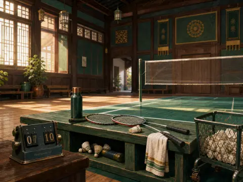 Badminton rackets, shuttlecocks, a scoreboard, and a net set up inside a traditional wooden court hall.