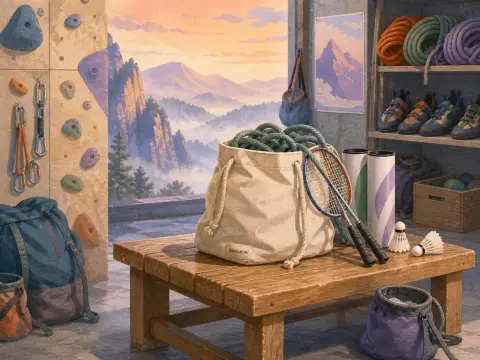 Badminton rackets and climbing gear sit on a wooden bench inside a lodge overlooking mist-covered mountains.