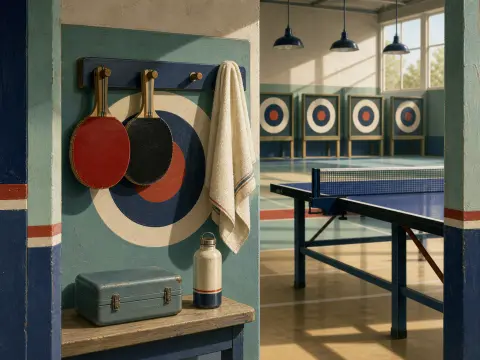Ping pong paddles hang on a teal wall near a towel and bench, overlooking a sunny gym with a table tennis setup.