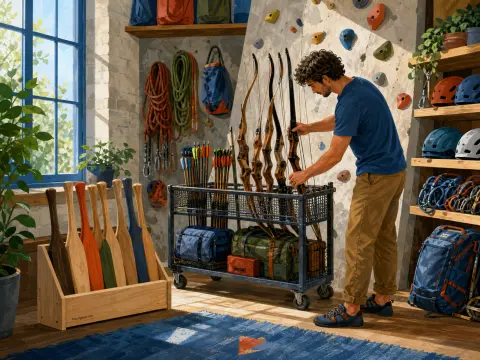 A man examines recurve bows on a rolling cart in an adventure sports room with climbing holds and outdoor equipment.