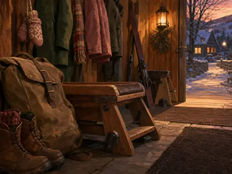 A cozy rustic mudroom with ski gear, leather boots, a backpack, and an open door looking out at a snowy cabin at sunset.