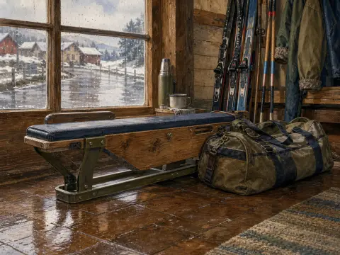 Vintage skis, a duffel bag, and a bench rest inside a rustic cabin next to a rainy window looking out on snowy cottages.