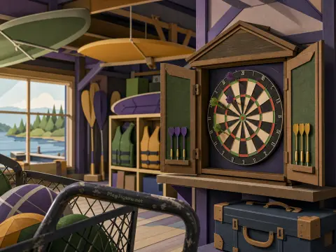 An open wooden dartboard cabinet inside a lake boathouse filled with paddles and life jackets.