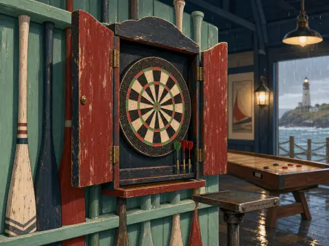 A rustic dartboard inside an open cabinet in a seaside lounge with a shuffleboard table and rainy lighthouse view.