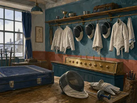 Fencing masks, white jackets, and an épée laid out on a table in an old training room overlooking a snowy town.