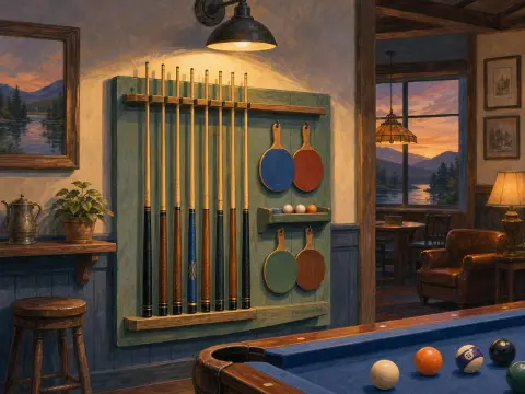 A cozy game room with pool cues, table tennis paddles on a wall rack, a blue billiard table, and a sunset window view.