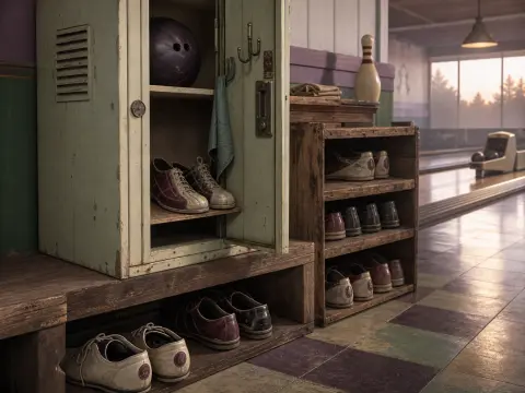A vintage mint green bowling locker with shoes and a bowling ball beside a wooden shoe rack and bowling lanes.