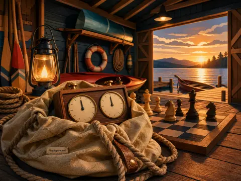 A chess game set and vintage game timer inside a wooden boathouse looking out at a lakeside sunset.