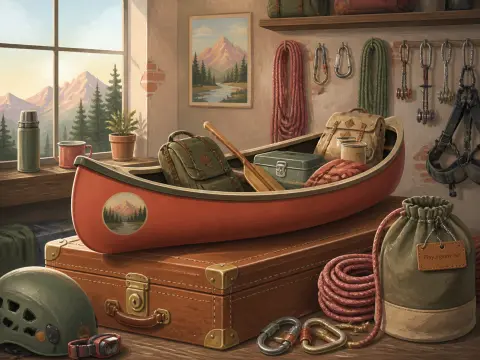 A red canoe packed with gear rests on a vintage suitcase inside a rustic room with climbing equipment and mountain views.