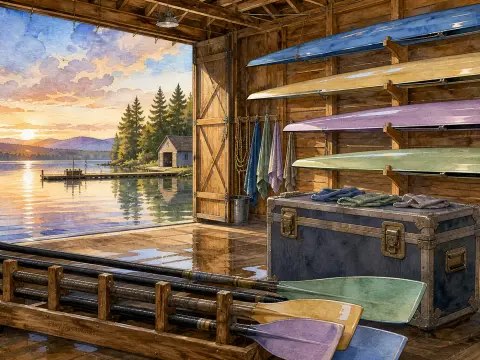 Interior of a wooden boathouse with colorful sculls on racks looking out onto a tranquil lake at sunrise.
