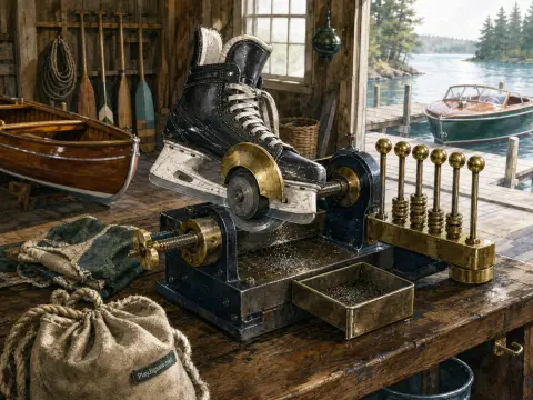A hockey skate clamped in an antique sharpener on a wooden workbench inside a rustic lakeside boathouse.