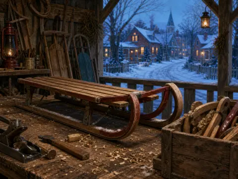 A handcrafted wooden sled rests on a workbench in a workshop overlooking a snowy village at dusk.
