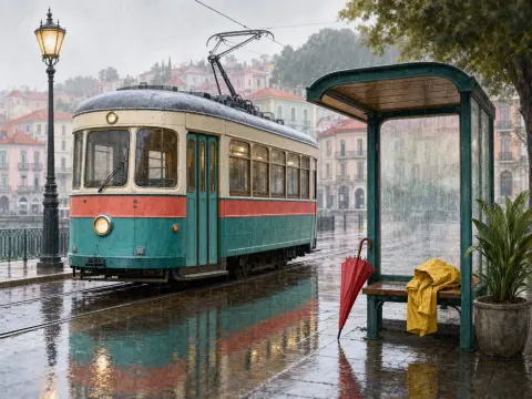 A teal vintage tram travels on wet rails past a waiting shelter with a red umbrella and yellow raincoat in the rain.