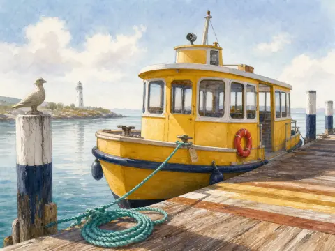 A yellow passenger boat moored alongside a wooden pier, with a lighthouse across the calm bay.
