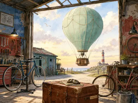 A pale green hot air balloon floats outside an open bicycle repair workshop overlooking a coastal lighthouse.