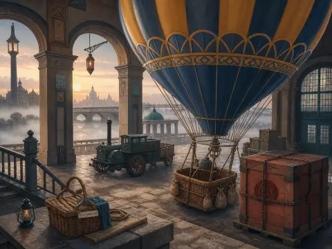 A blue and gold hot air balloon tethered on a stone terrace overlooking a river and misty city at sunrise.