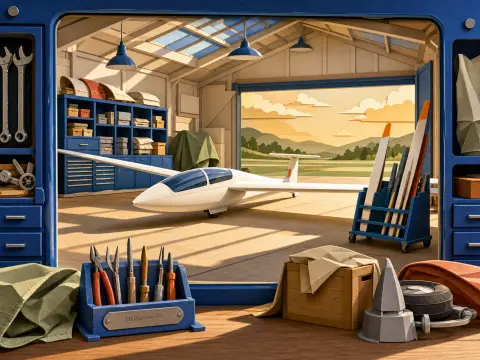 A white glider inside a tidy aviation hangar with blue shelves, tools, and a view of hills outside.