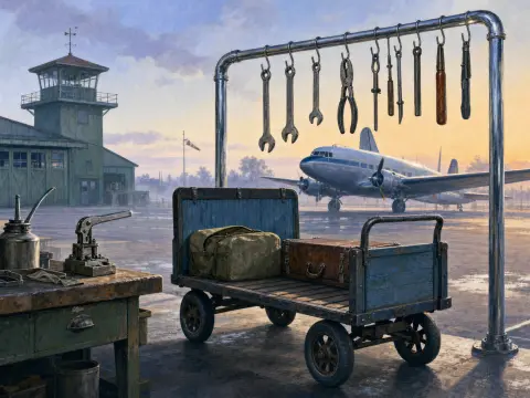Vintage propeller airliner parked on an airfield tarmac behind a luggage cart and a rack of hanging tools.