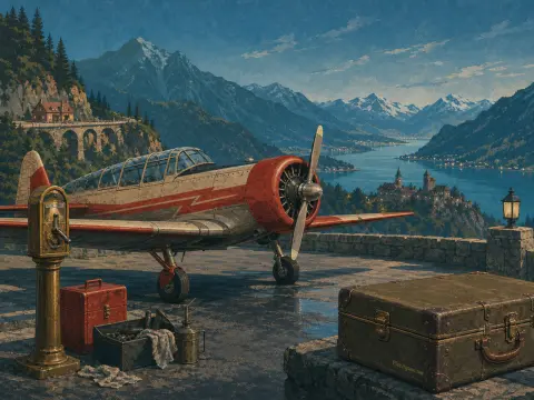 A vintage red and white propeller plane rests on a stone terrace overlooking an alpine lake and mountains.