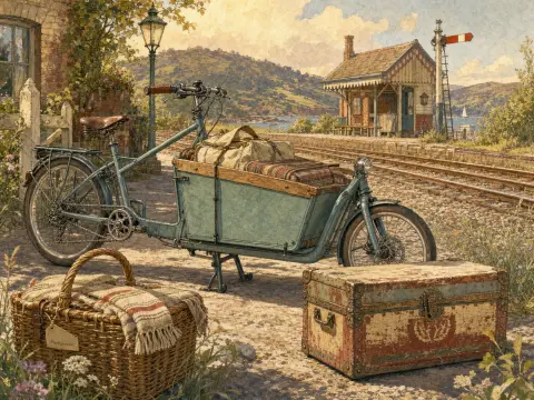 A teal cargo bicycle loaded with bags parked by a rural railway station near a picnic basket and vintage trunk.