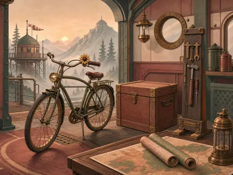 A green vintage bicycle parked in an alpine workshop with tools, maps, and a misty mountain view outside.
