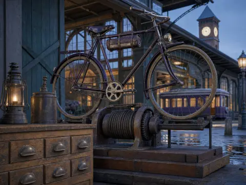 A vintage bicycle mounted above an industrial cable winch outside a train depot at dusk with a tram in the background.
