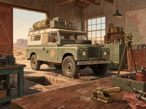 A vintage green expedition vehicle loaded with gear sits parked inside a rustic desert workshop with tools around.