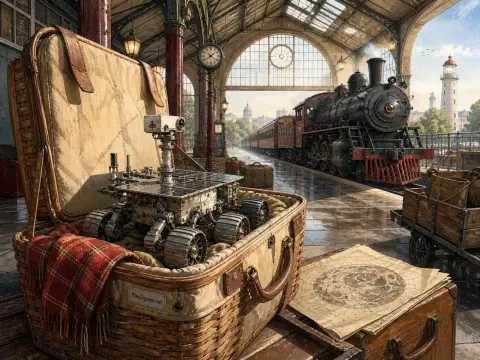 A miniature planetary rover rests inside an open wicker suitcase on a platform beside a vintage steam locomotive.