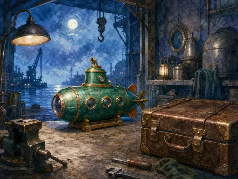 A small green submarine rests inside a workshop beside a vintage leather suitcase under a bright full moon.