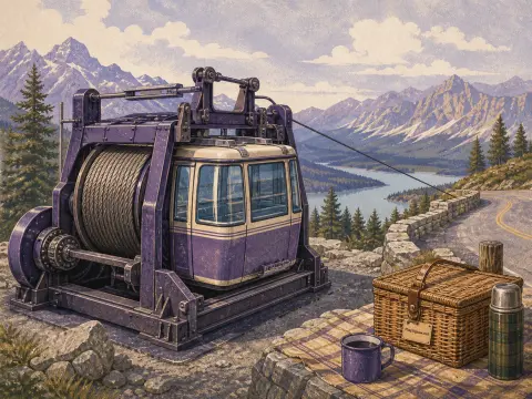 A purple cable car winch mechanism and picnic basket on a stone overlook above a mountain lake.