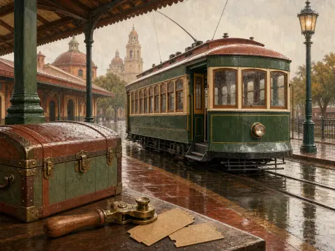 A green vintage trolley parked on wet tracks by a covered station platform with an antique trunk in the foreground.