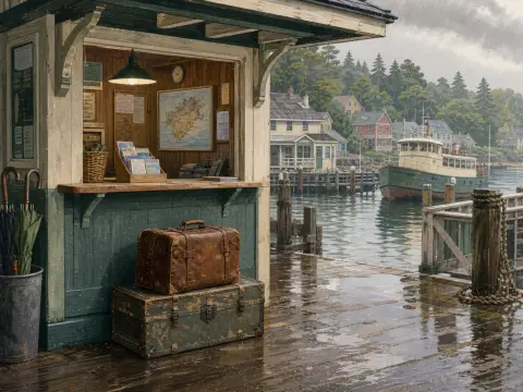 Vintage suitcases sit on a rain-slicked wooden pier beside a ticket kiosk while a ferry approaches across the harbor.