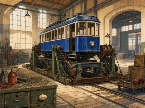 A vintage blue streetcar mounted on a mechanical lift inside a sunlit railway repair workshop with tools and workbenches.