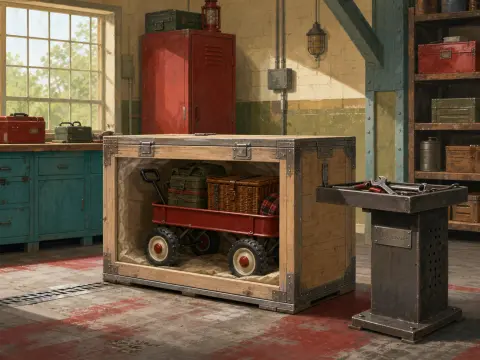 A packed red toy wagon rests inside a wooden crate within a rustic workshop filled with vintage tools.