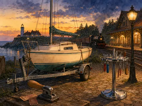 A trailered sailboat parked on cobblestones beside a vintage train station and a distant coastal lighthouse at sunset.