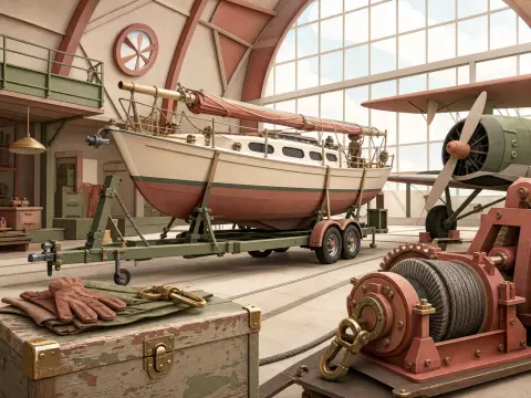 A sailboat parked on a green trailer inside an airy arched hangar next to a vintage propeller airplane.