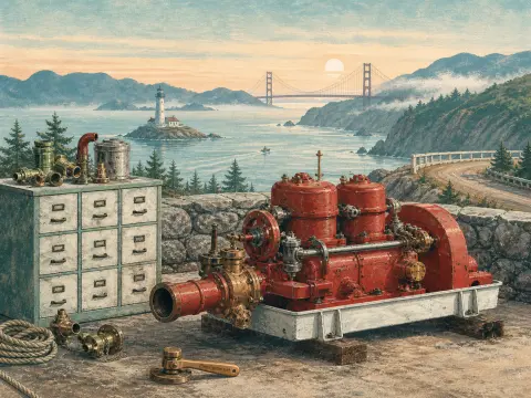 An antique red pumping engine and metal tool chest on a stone terrace overlooking a coastal bay and lighthouse.