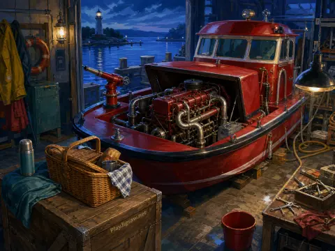A red rescue boat under repair inside a boathouse workshop overlooking a harbor and distant lighthouse at night.