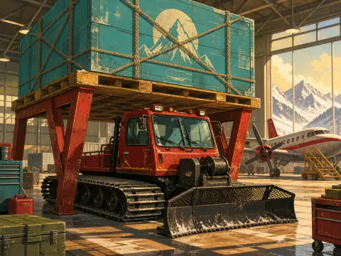 A red snowcat rests under a large teal shipping crate inside an airplane hangar with snowy mountains outside.