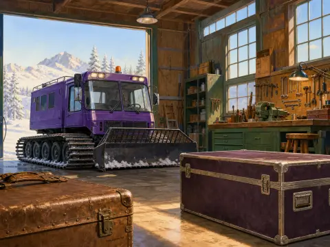 A purple snowcat vehicle parked inside a rustic alpine workshop opening to snowy mountain peaks.