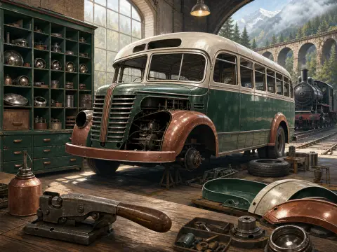 A vintage green and cream bus undergoing repairs inside a mountain depot workshop near a steam train and stone viaduct.