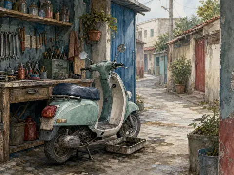 Mint green vintage scooter parked outside an open mechanic workshop in a cobbled Mediterranean alley.