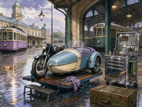 A vintage motorcycle with sidecar on a mechanical lift next to an open tool chest outside a tram depot.
