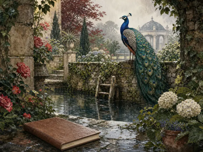 A vibrant peacock sits on a stone wall overlooking a pond in a rainy garden with blooming flowers and an old book.