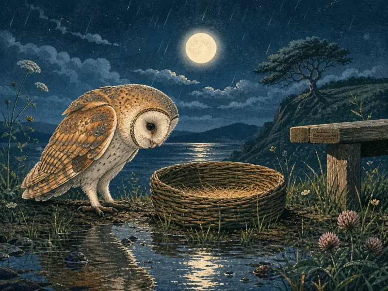 A barn owl peers into a woven basket beside a puddle under a full moon on a rainy night overlooking water.
